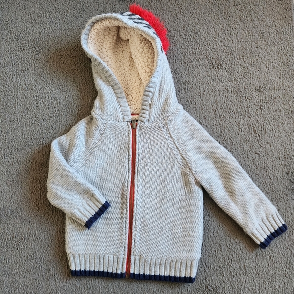 MINI BODEN Kids Shaggy Fleece Lined Hoodie Size 3 Gray Red Jacket - Picture 10 of 11